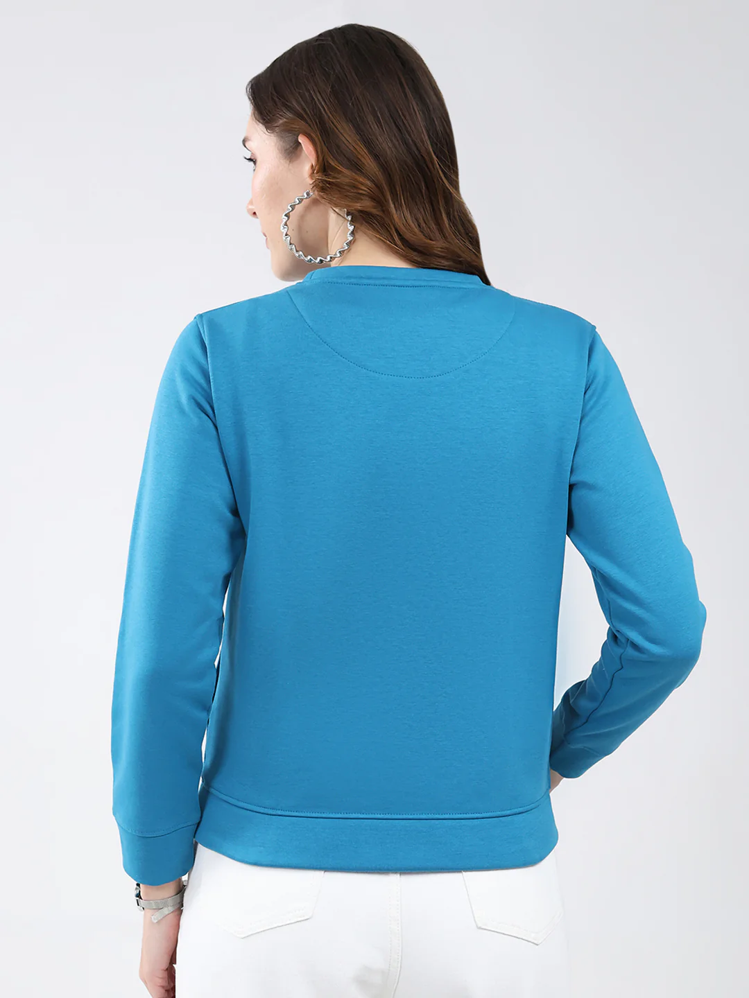 Women Blue Printed Round Neck Full Sleeve Sweatshirt - Image 5