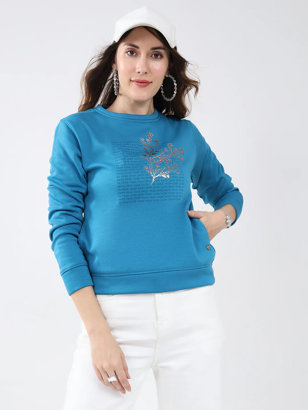 Women Blue Printed Round Neck Full Sleeve Sweatshirt - Image 6