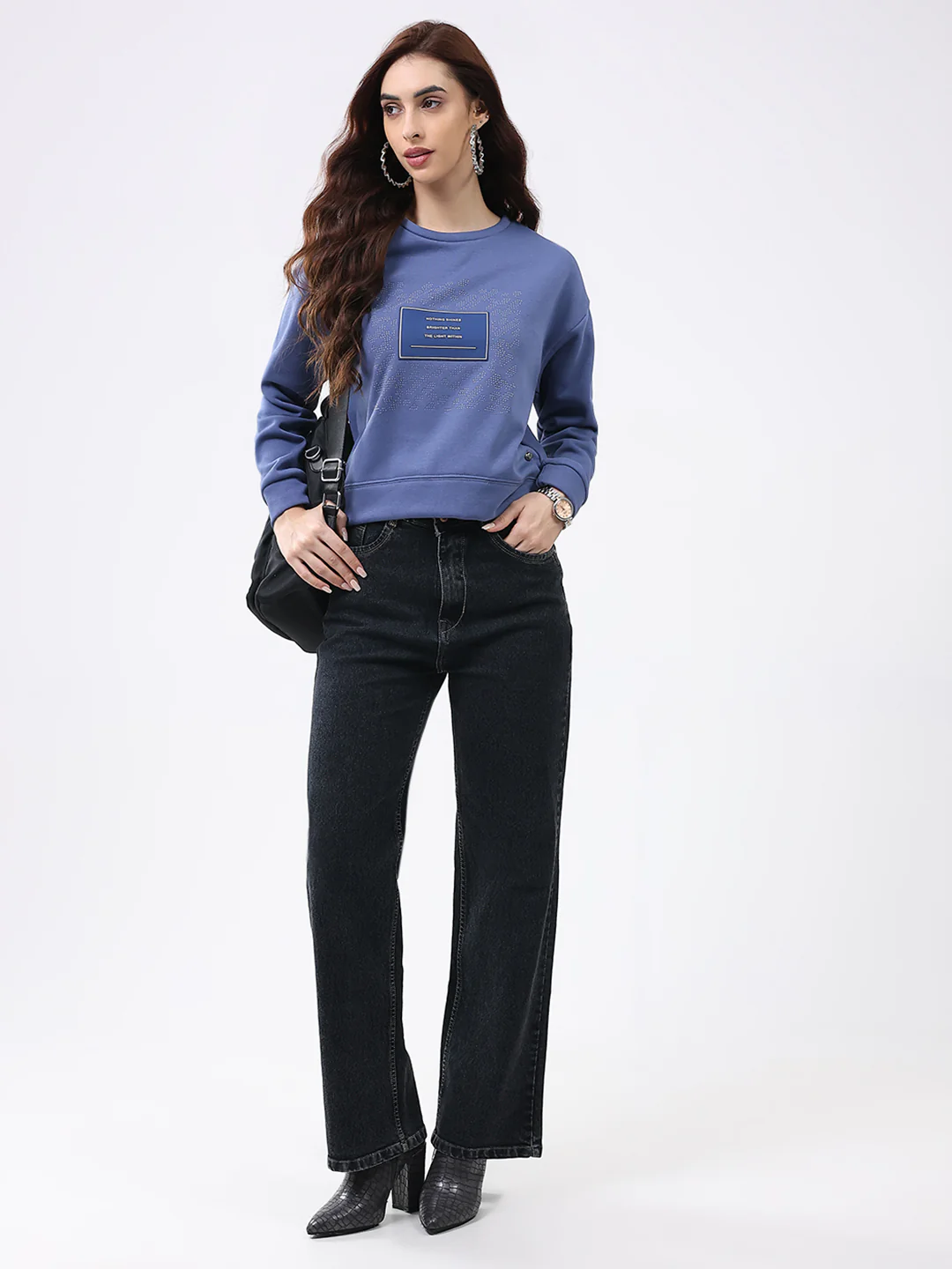 Women Blue Printed Round Neck Full Sleeve Sweatshirt - Image 2