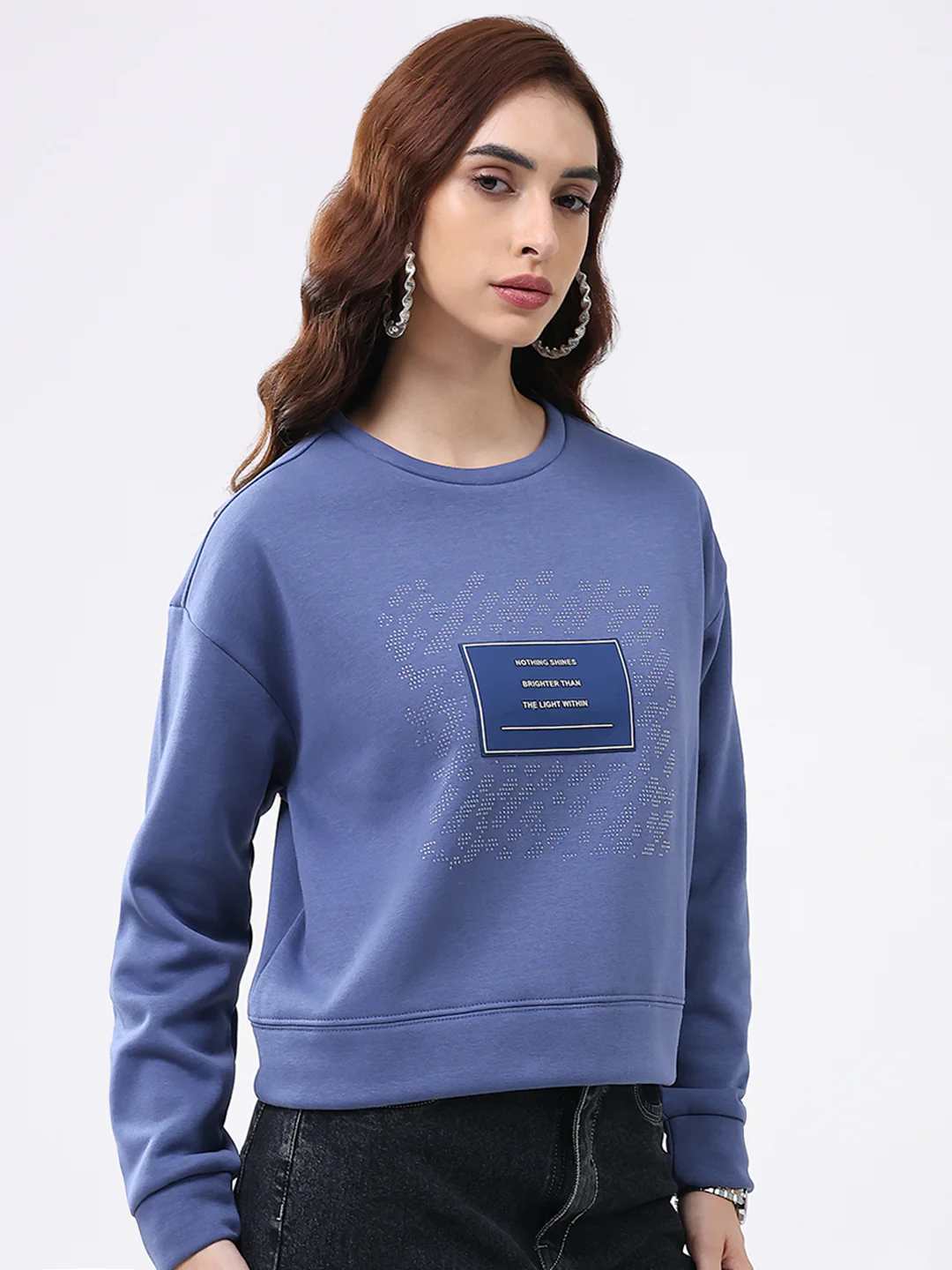 Women Blue Printed Round Neck Full Sleeve Sweatshirt - Image 4