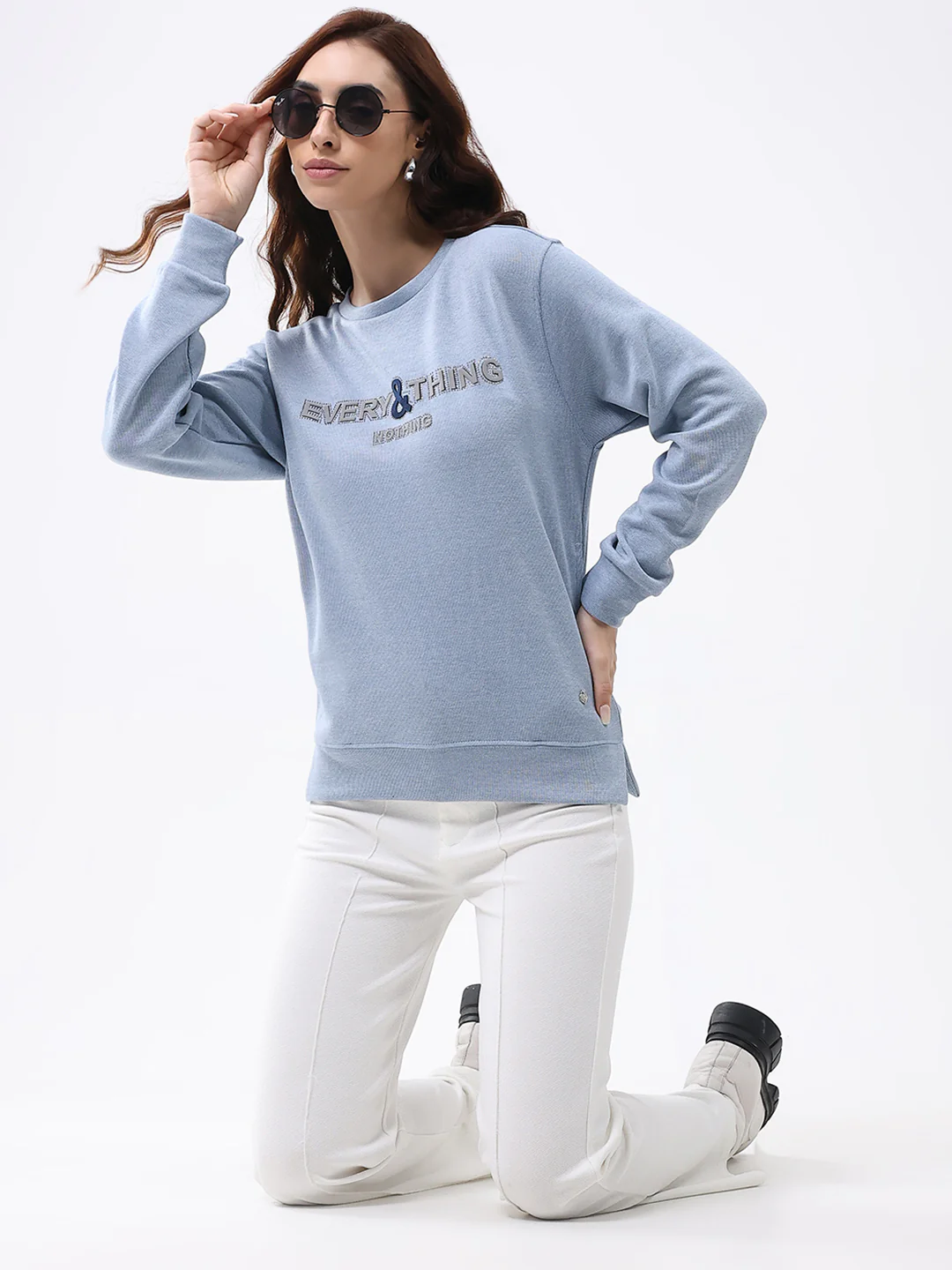 Women Blue Printed Round Neck Full Sleeve Winter Top - Image 2