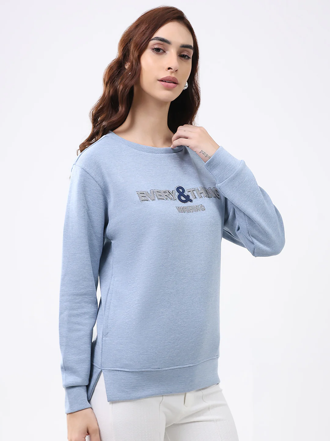 Women Blue Printed Round Neck Full Sleeve Winter Top - Image 4