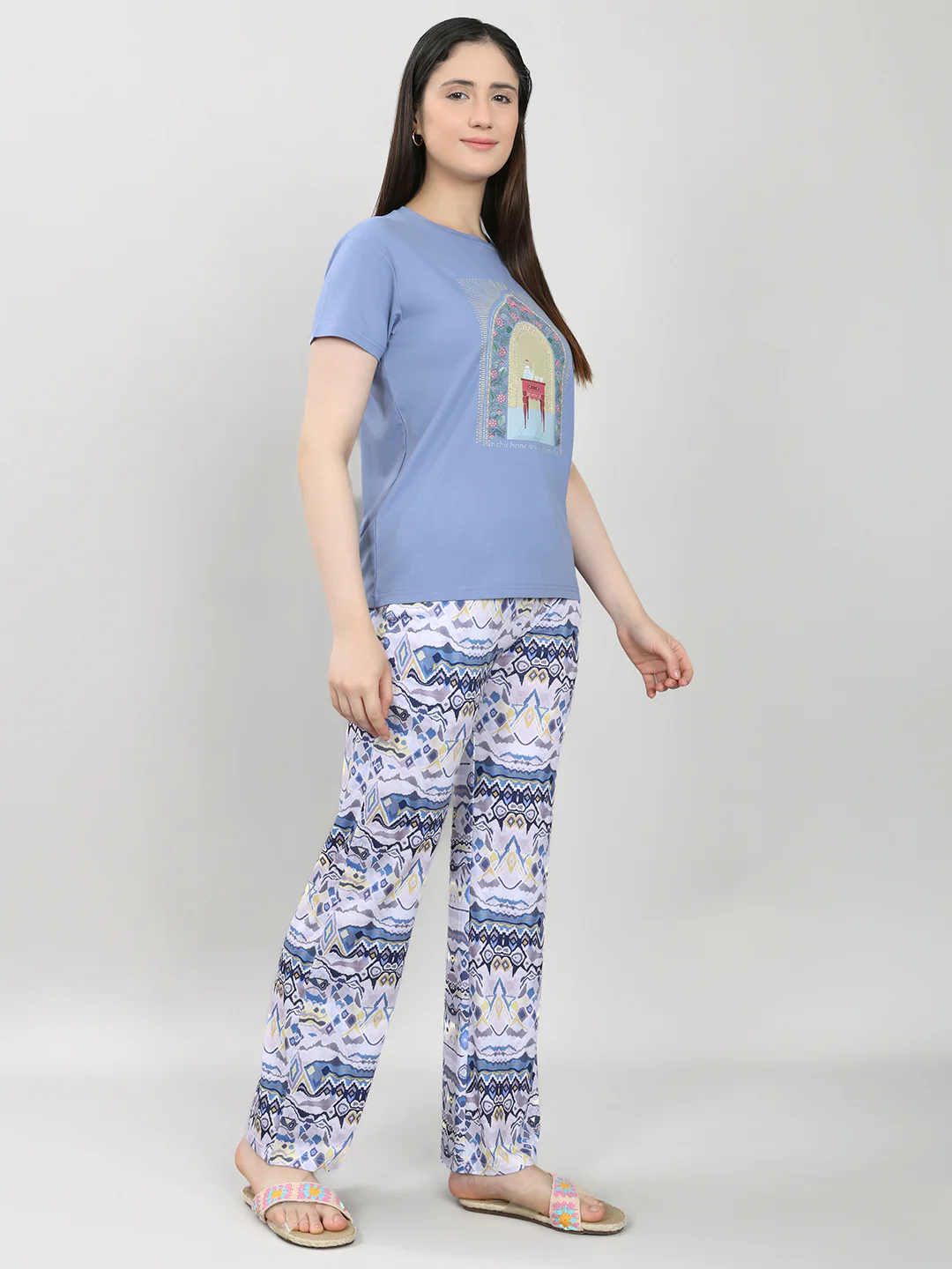 Women Blue Printed Round Neck Half Sleeve Lower Set - Image 3
