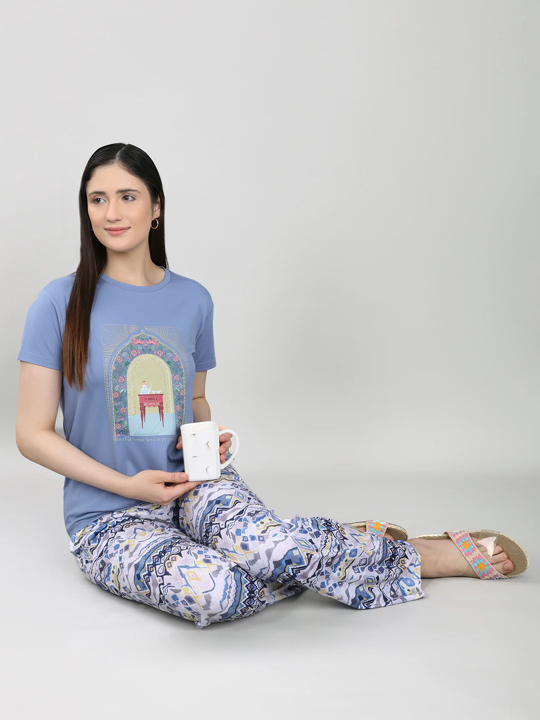 Women Blue Printed Round Neck Half Sleeve Lower Set - Image 7