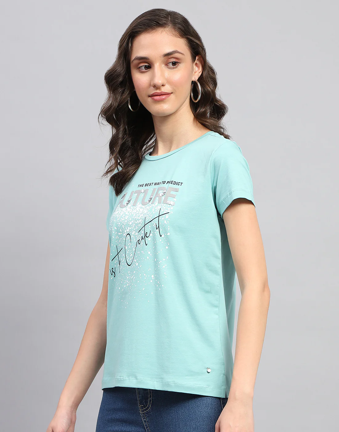 Women Blue Printed Round Neck Half Sleeve Top - Image 3