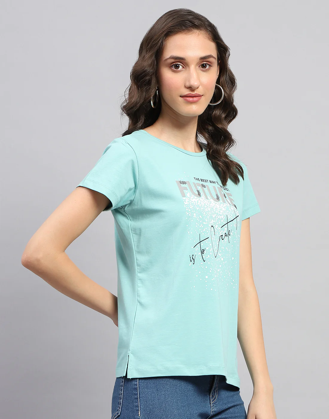 Women Blue Printed Round Neck Half Sleeve Top - Image 4