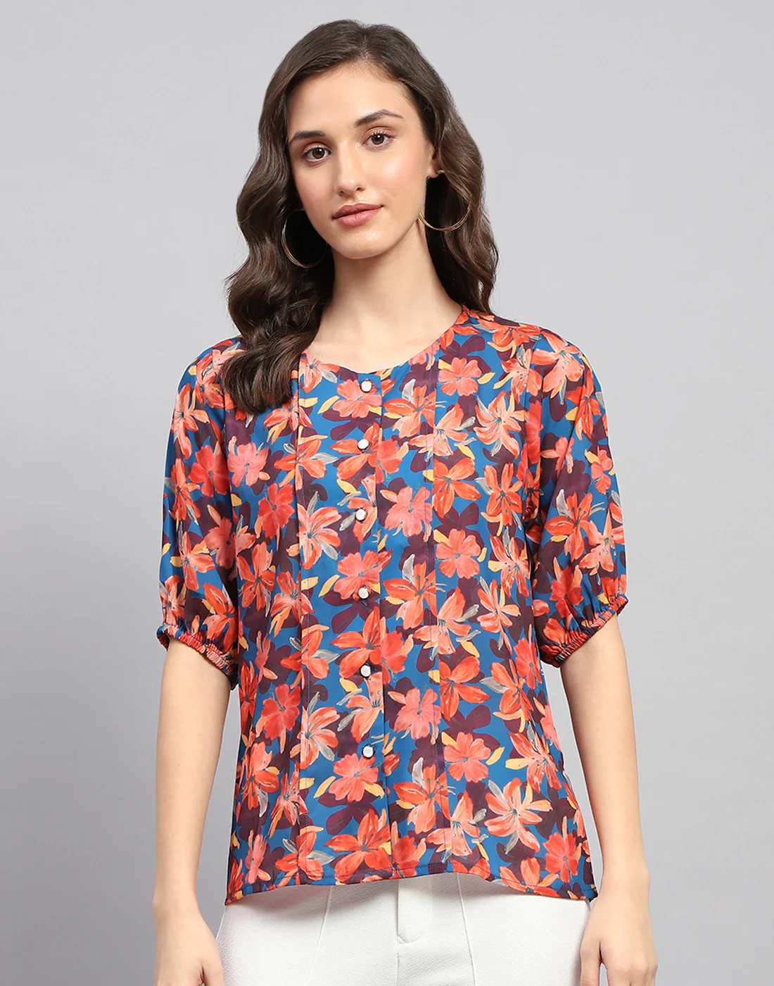 Women Blue Printed Round Neck Half Sleeve Top - Image 2