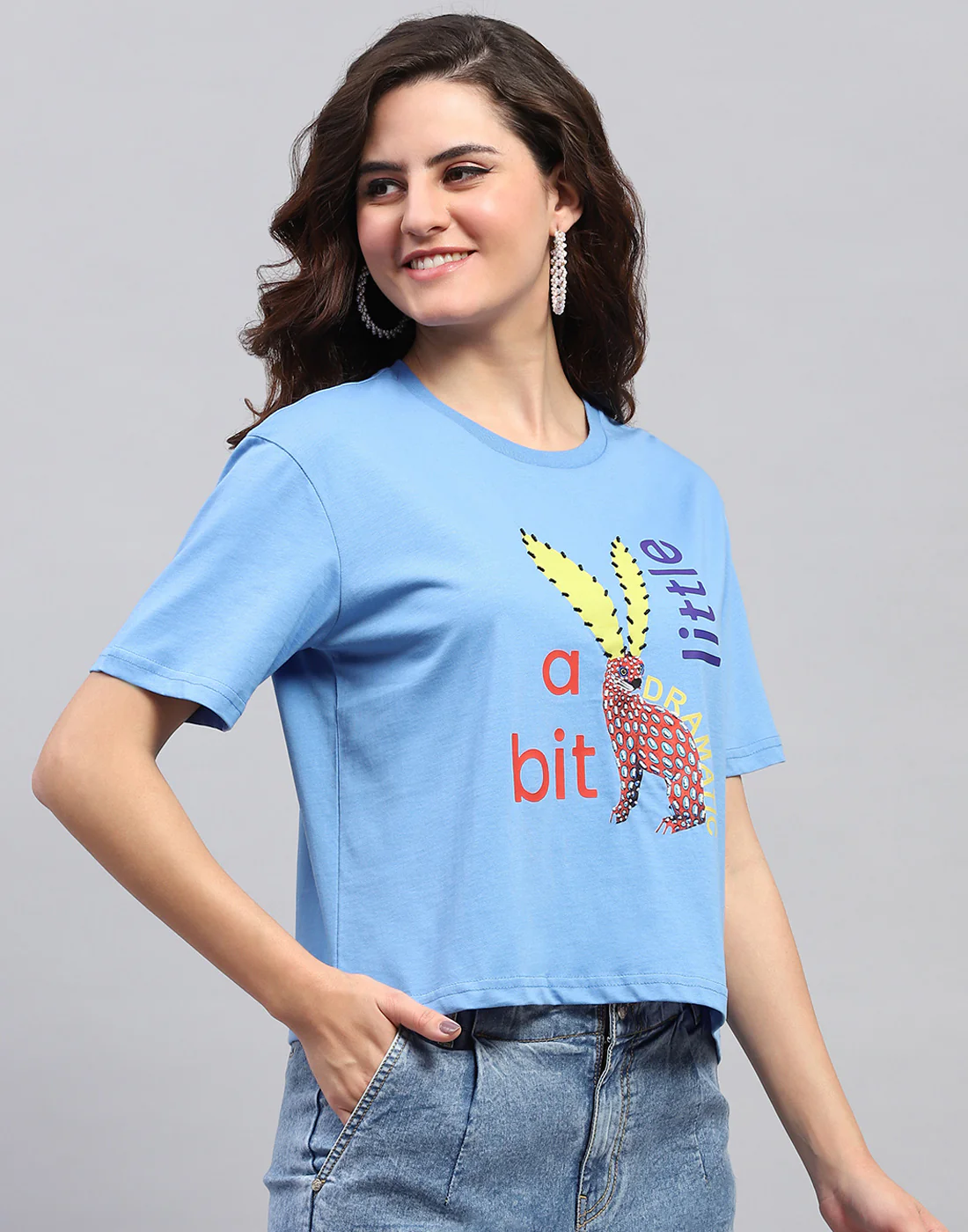 Women Blue Printed Round Neck Half Sleeve Top - Image 4