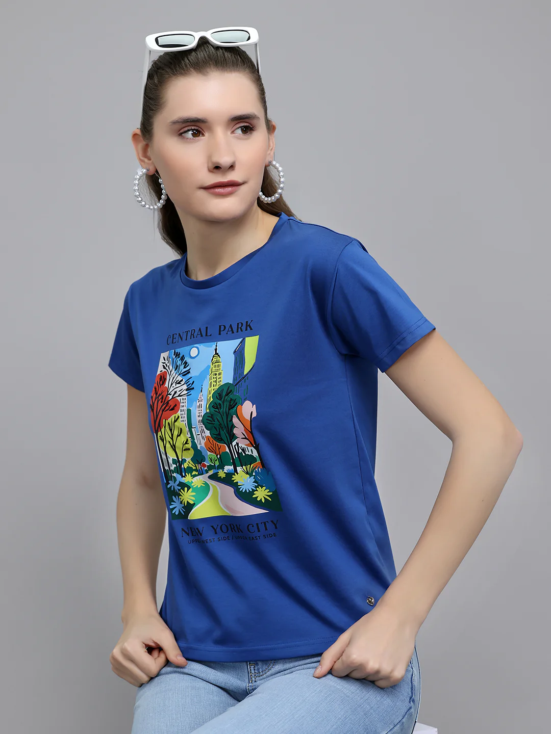 Women Blue Printed Round Neck Half Sleeve Top - Image 6