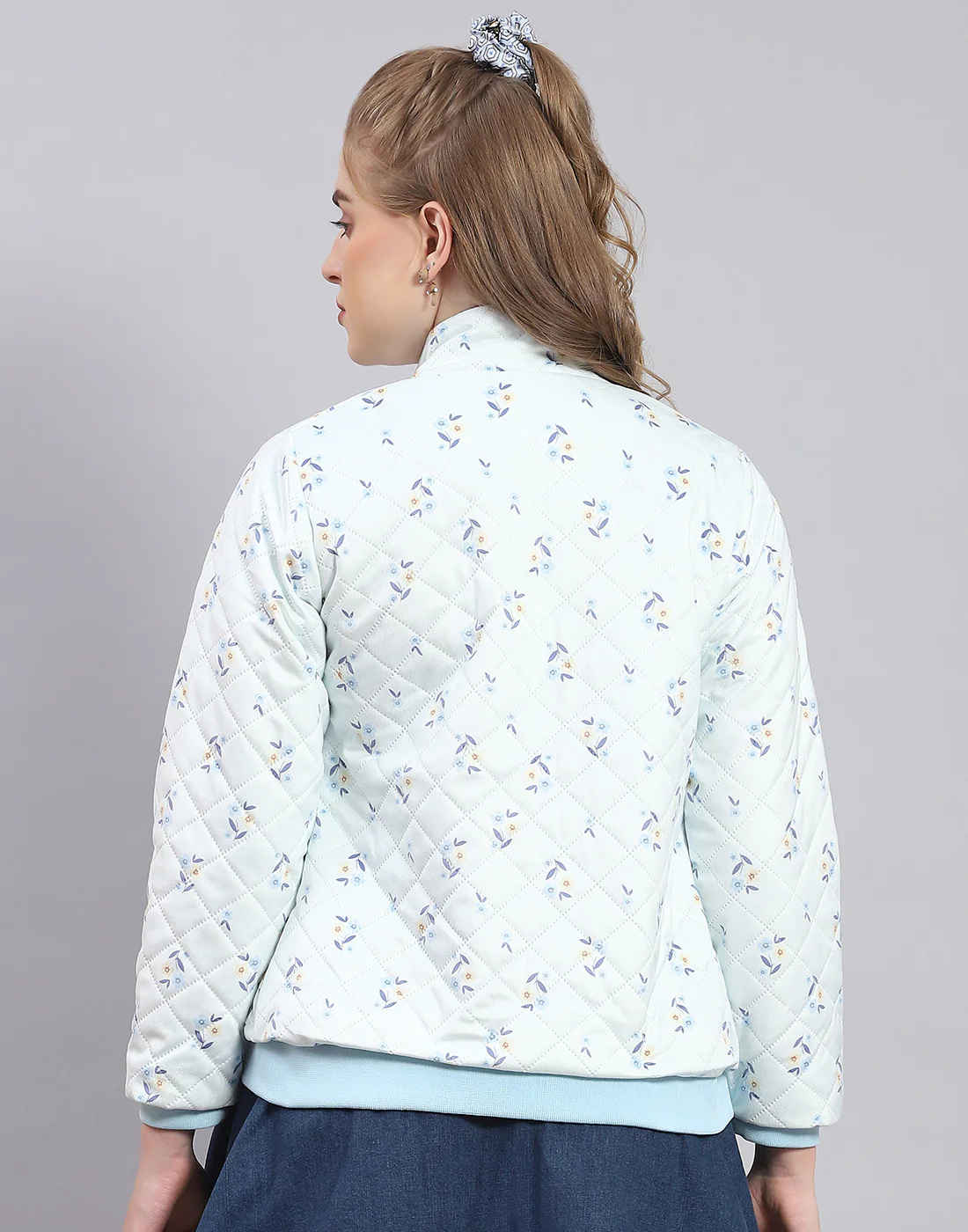 Women Blue Printed Stand Collar Full Sleeve Jacket - Image 5