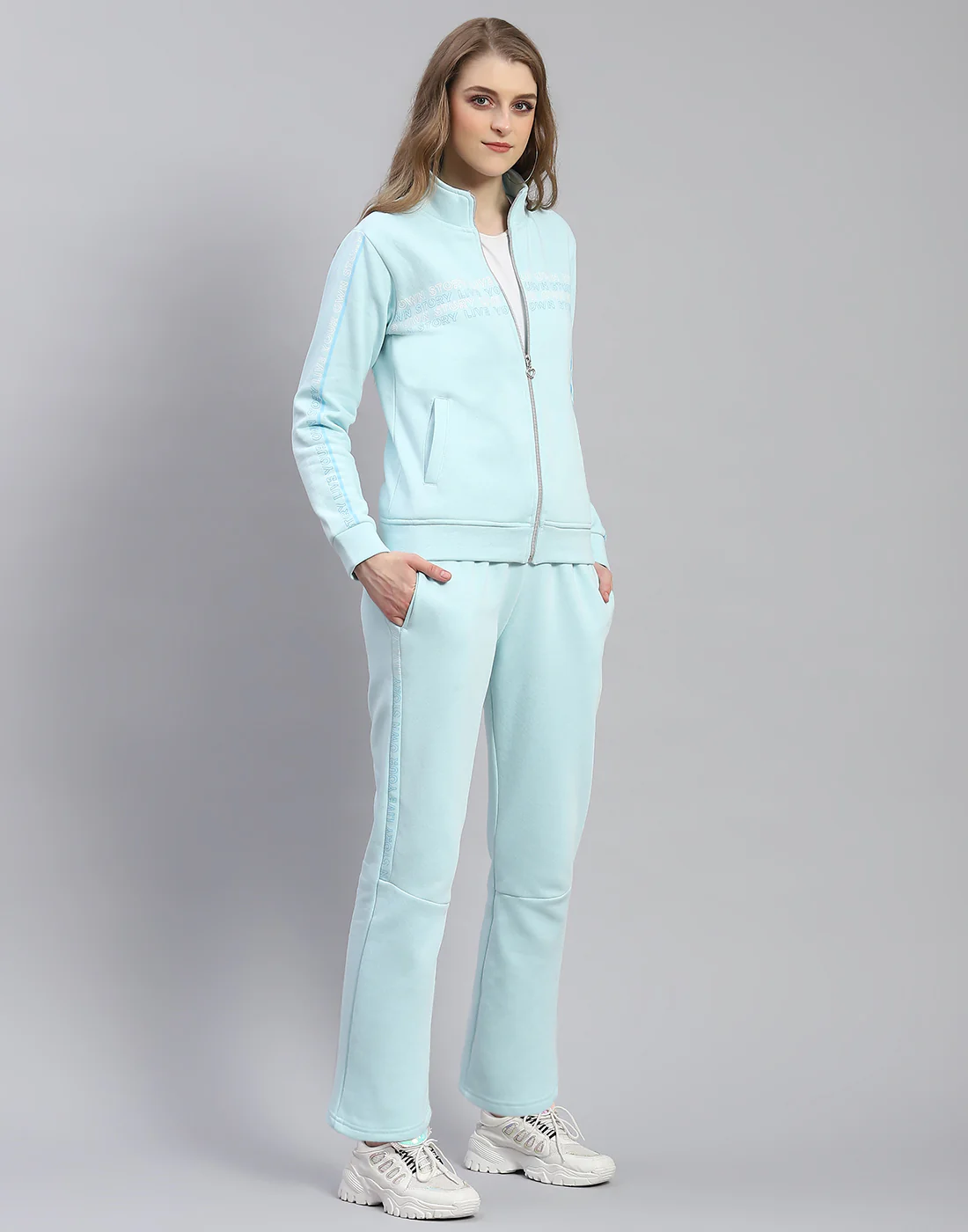 Women Blue Printed Stand Collar Full Sleeve Tracksuit - Image 4