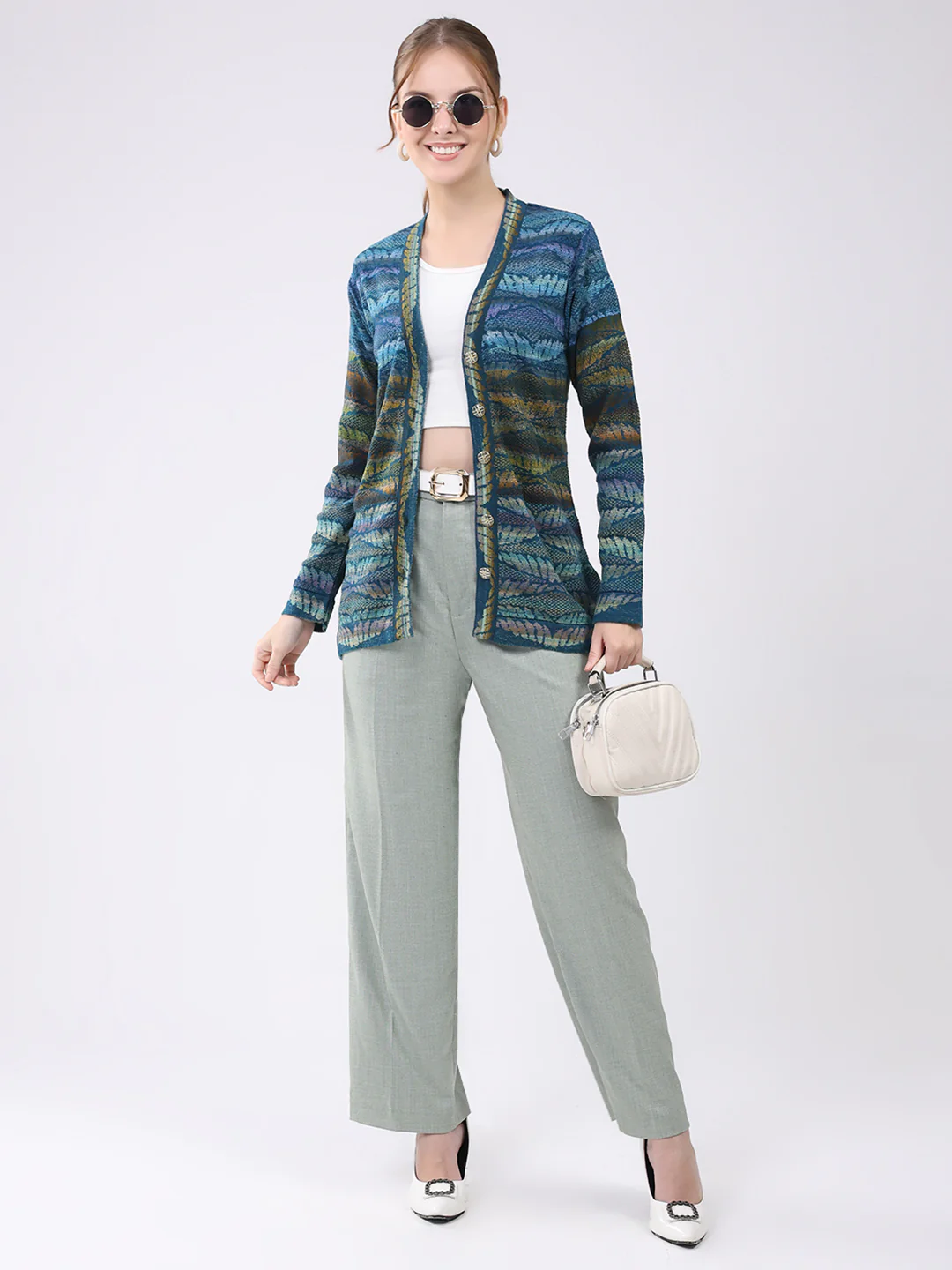 Women Blue Printed V Neck Full Sleeve Cardigan - Image 2