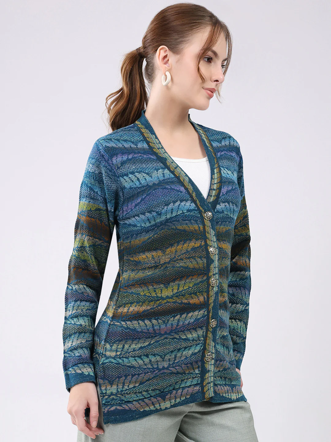 Women Blue Printed V Neck Full Sleeve Cardigan - Image 4