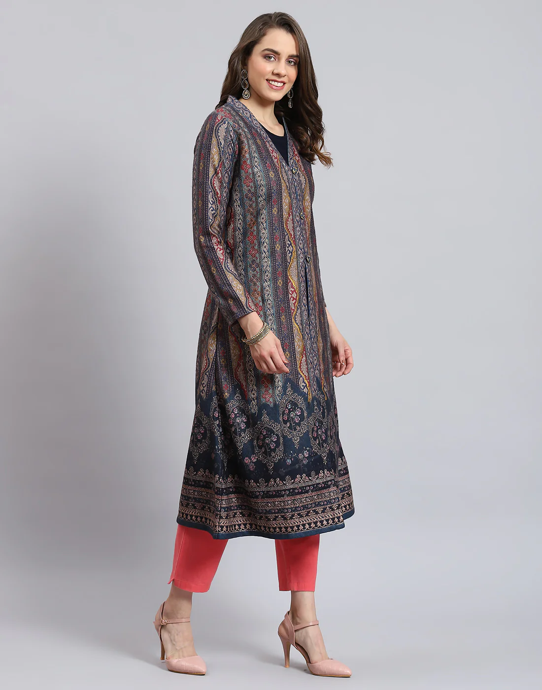 Women Teal Blue Printed V Neck Full Sleeve Kurti + Inner Set - Image 3