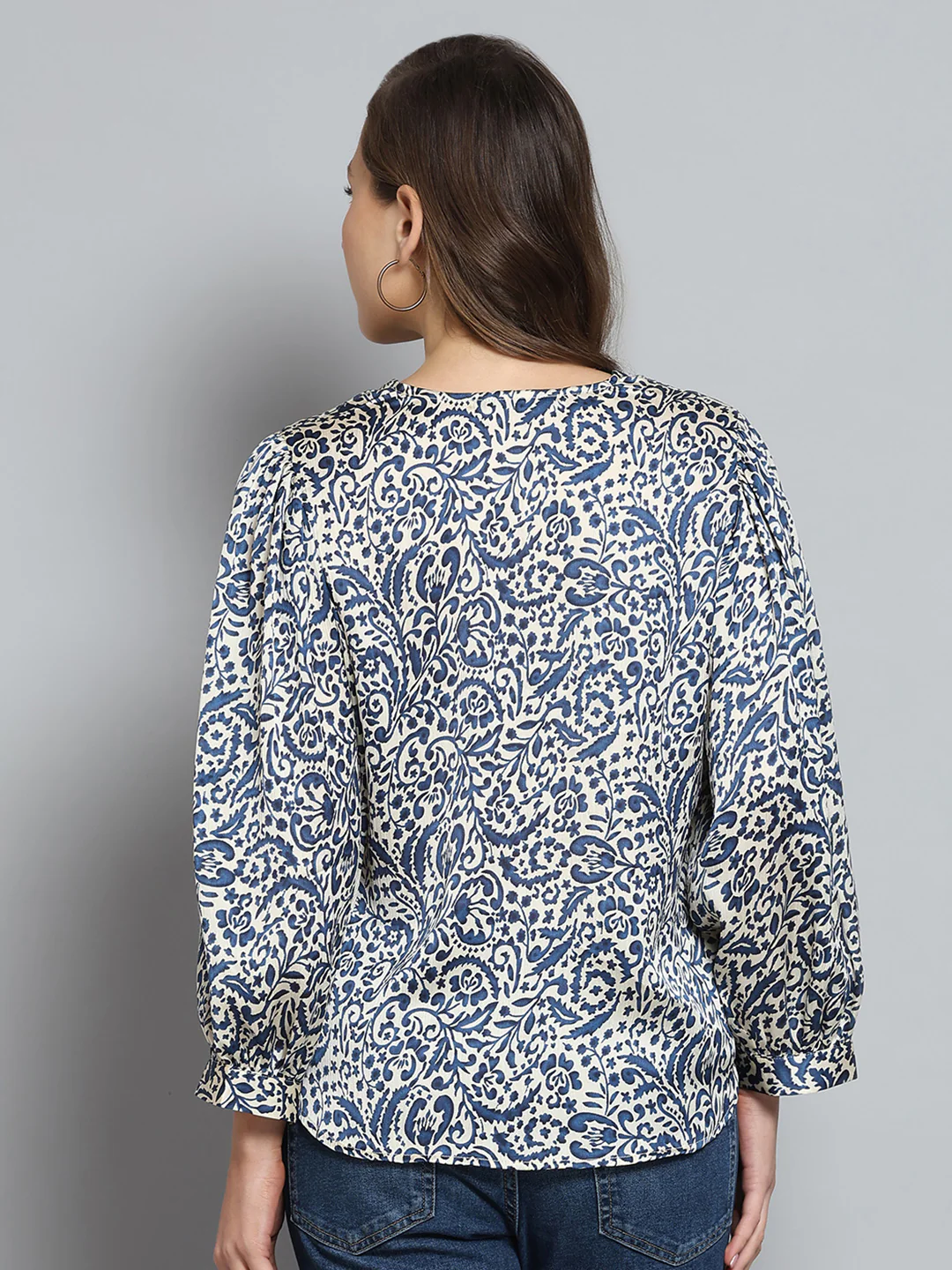 Women Blue Printed V Neck Full Sleeve Top - Image 5