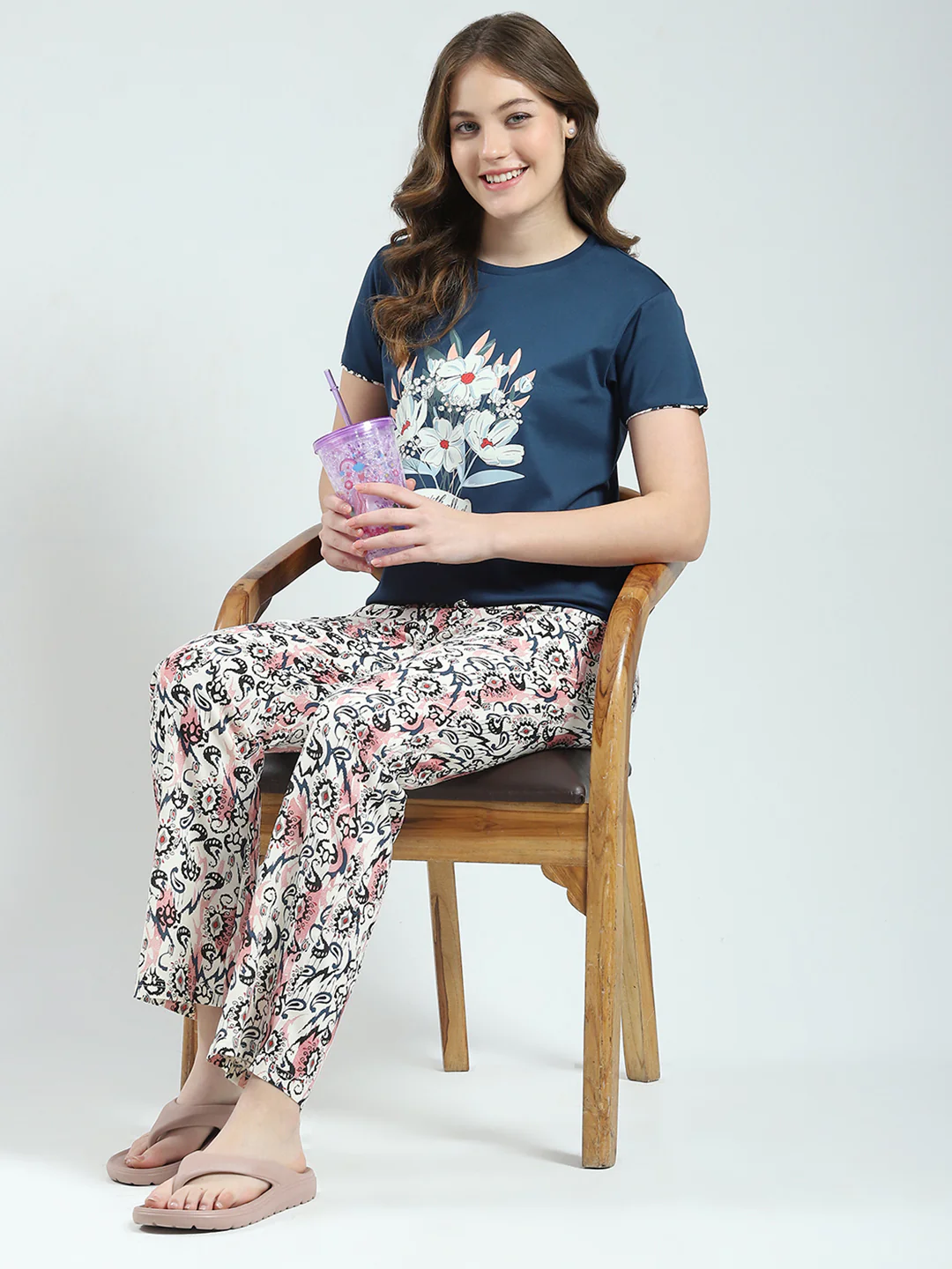 Women Blue Printed Round Neck Half Sleeve Lower Set - Image 2