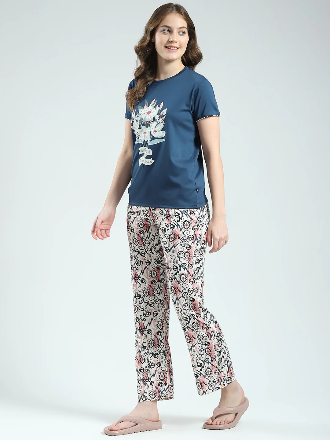 Women Blue Printed Round Neck Half Sleeve Lower Set - Image 3