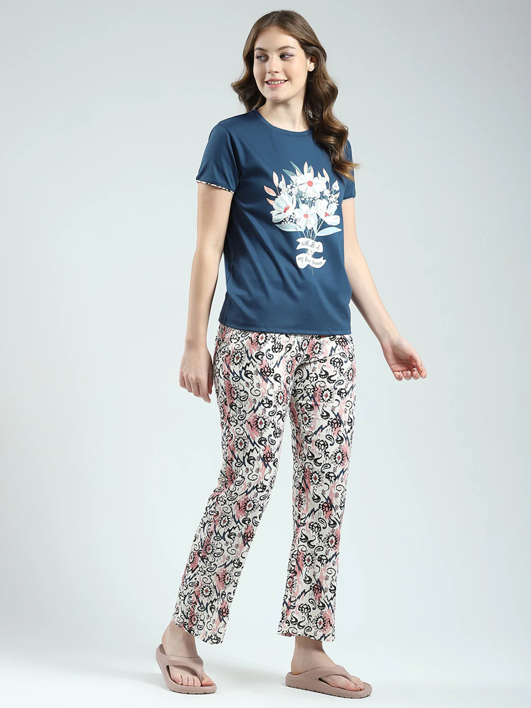 Women Blue Printed Round Neck Half Sleeve Lower Set - Image 4