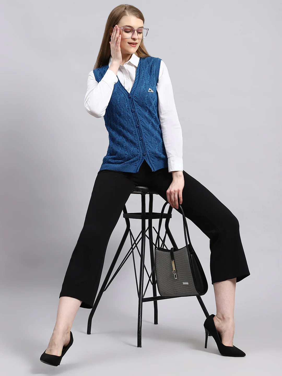 Women Blue Self Cardigan - Image 5