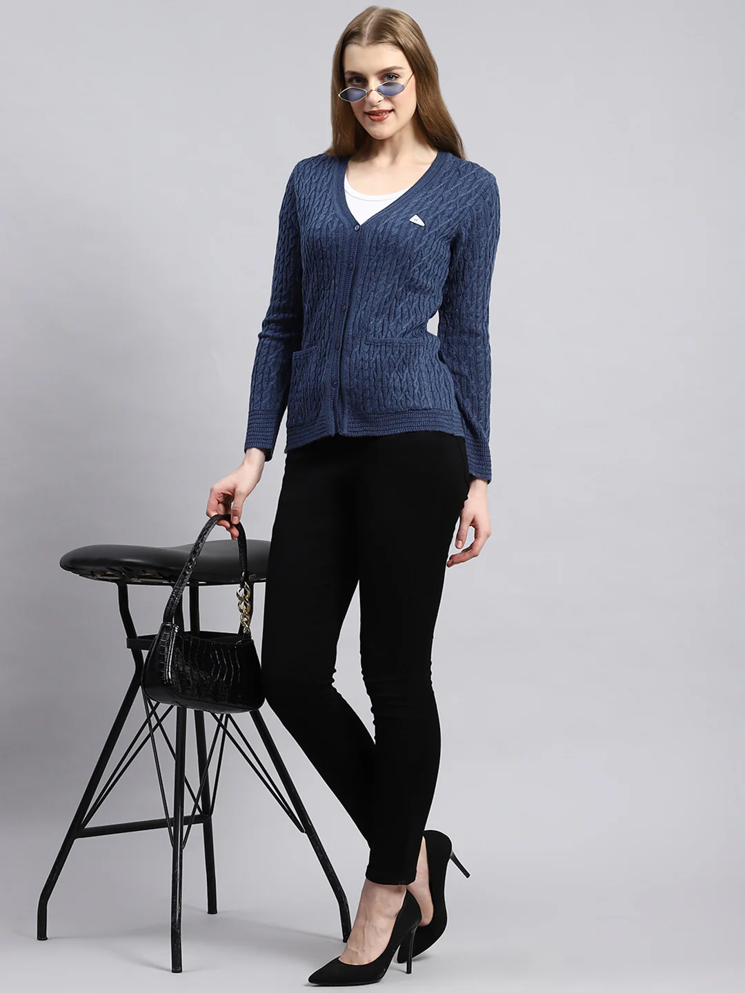 Women Blue Self Cardigan - Image 5
