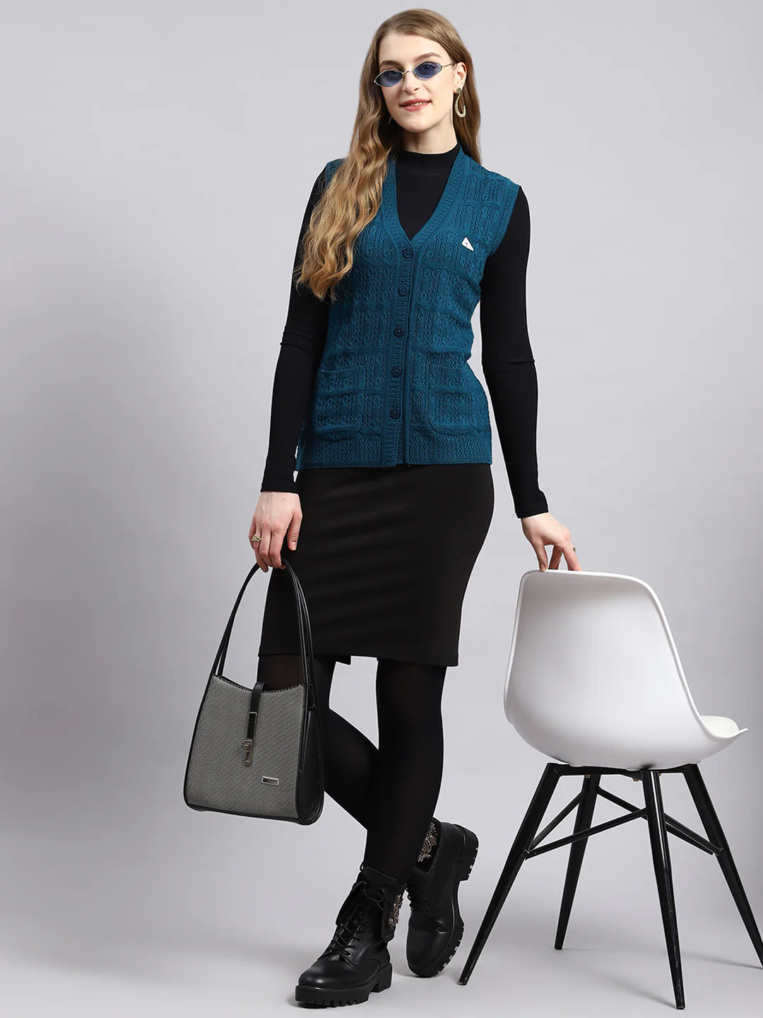 Women Blue Self Cardigan - Image 5