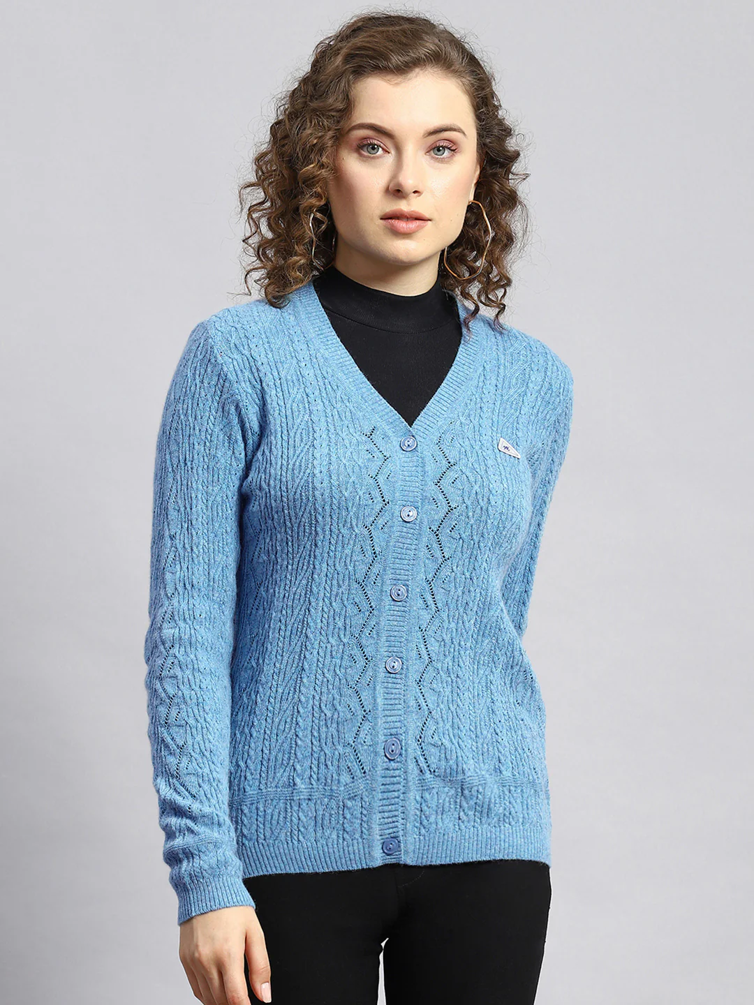 Women Blue Self Cardigan - Image 2