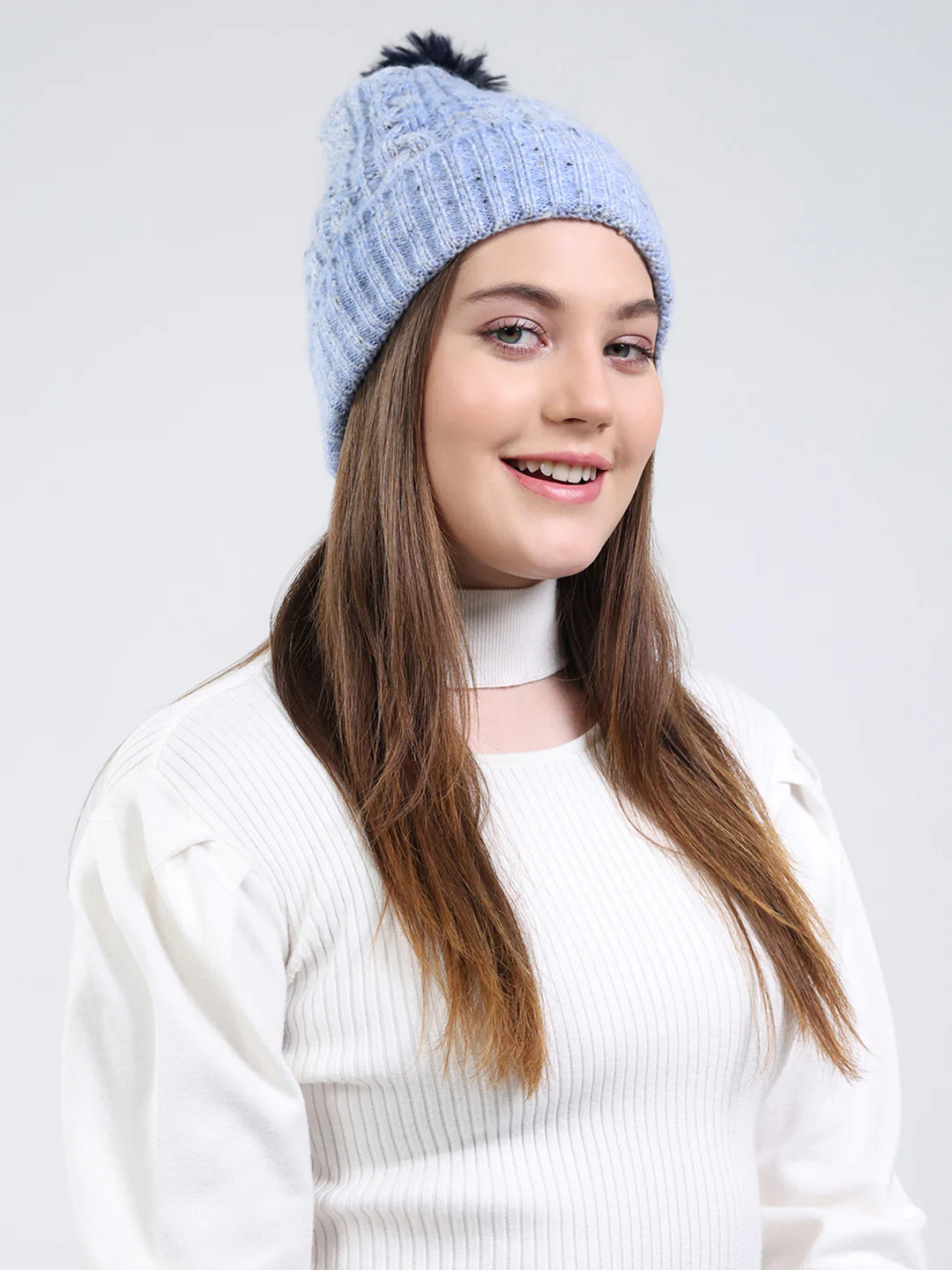 Women Blue Self Design Blend Wool Cap - Image 4
