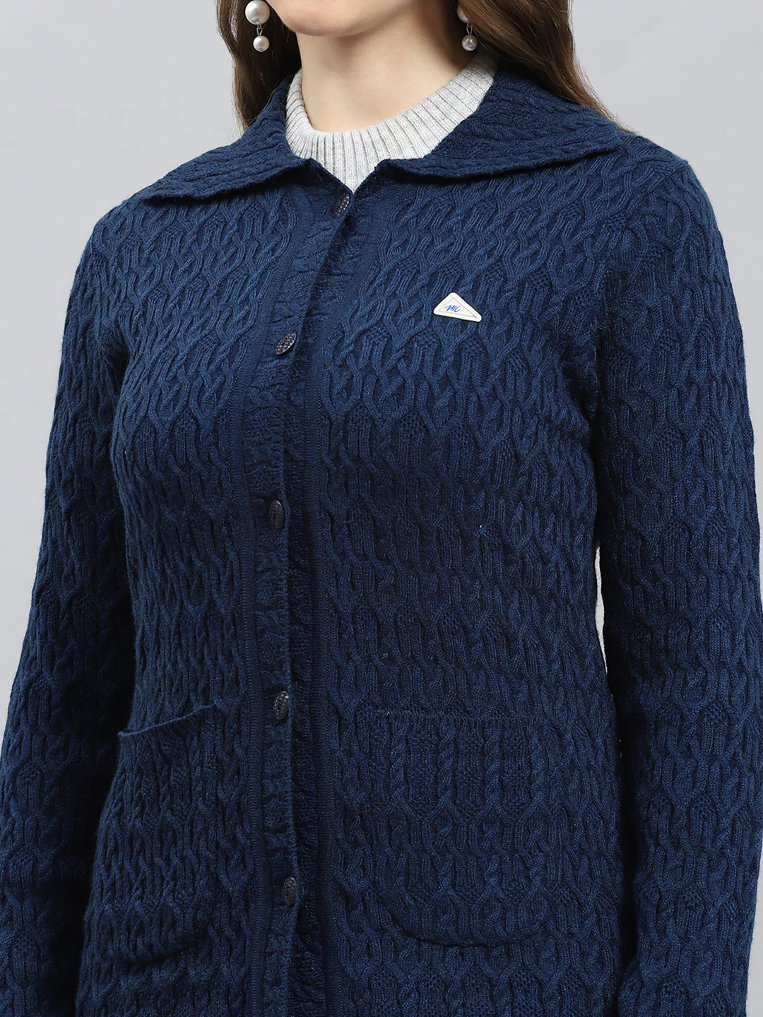 Women Blue Self Design Collar Full Sleeve Cardigan - Image 6