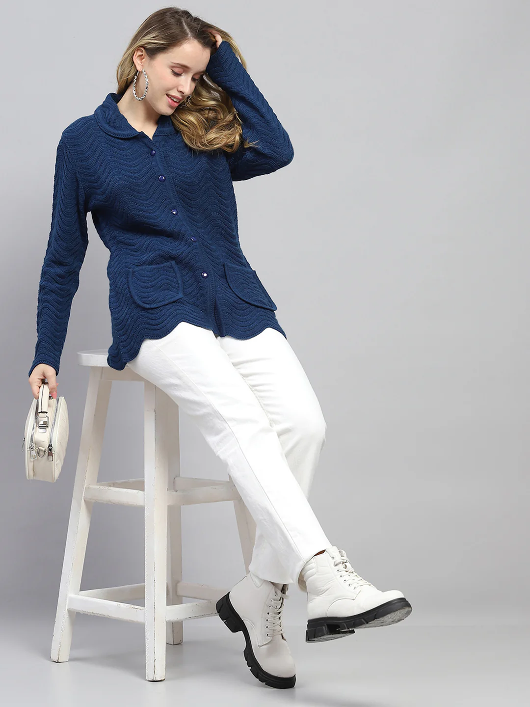 Women Blue Self Design Collar Full Sleeve Cardigan - Image 2