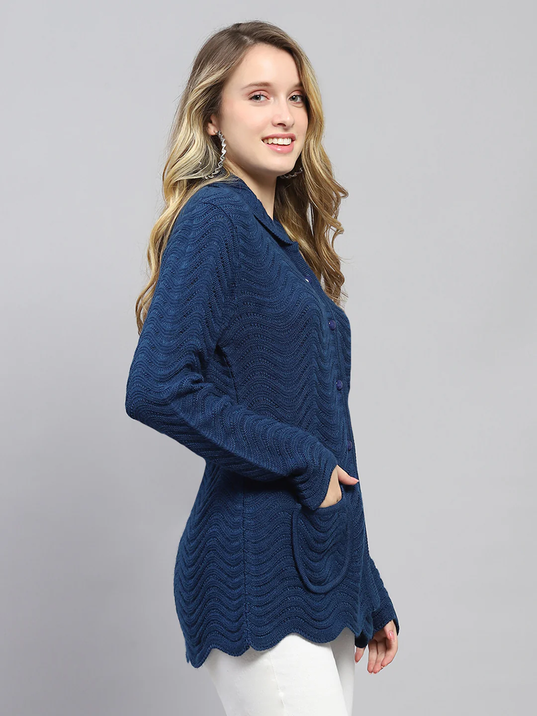 Women Blue Self Design Collar Full Sleeve Cardigan - Image 4