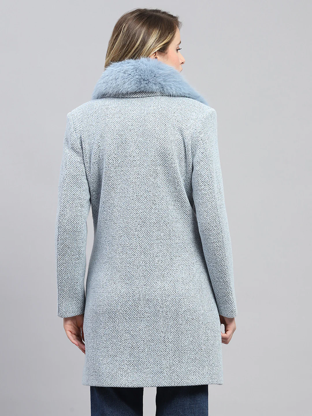 Women Blue Self Design Collar Full Sleeve Coat - Image 5