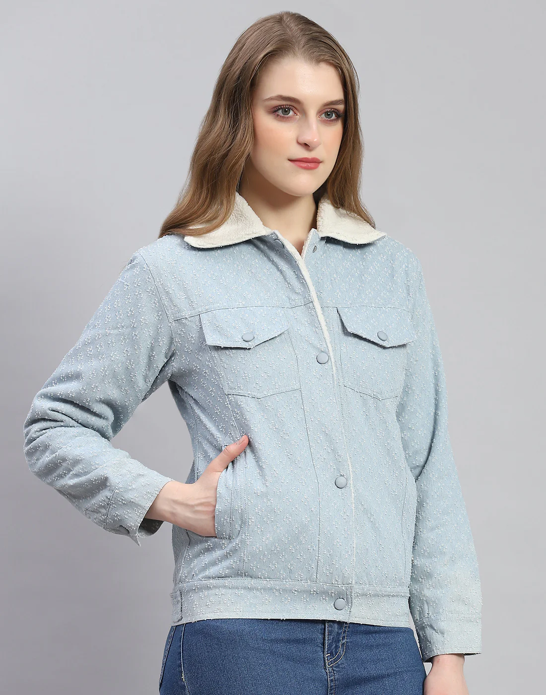 Women Blue Self Design Collar Full Sleeve Jacket - Image 4