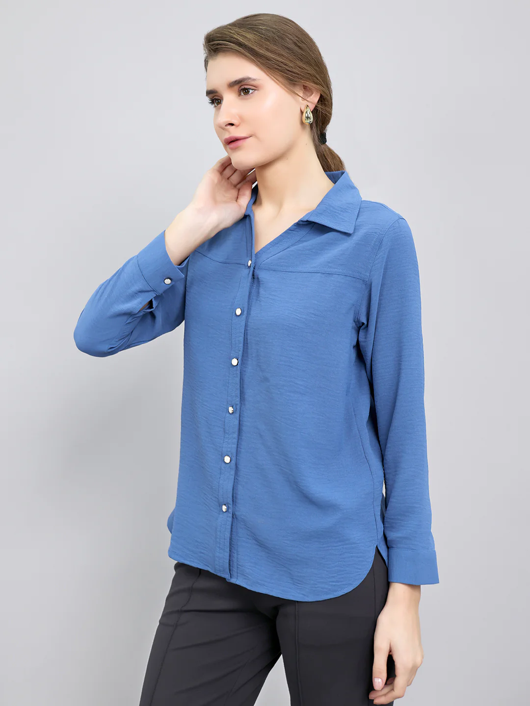 Women Blue Self Design Collar Full Sleeve Top - Image 2