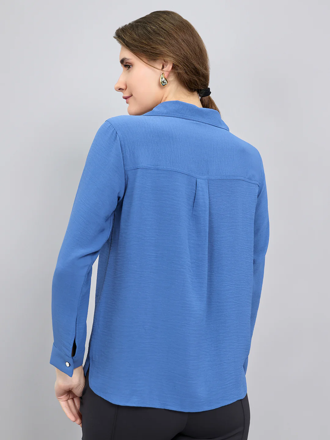 Women Blue Self Design Collar Full Sleeve Top - Image 4