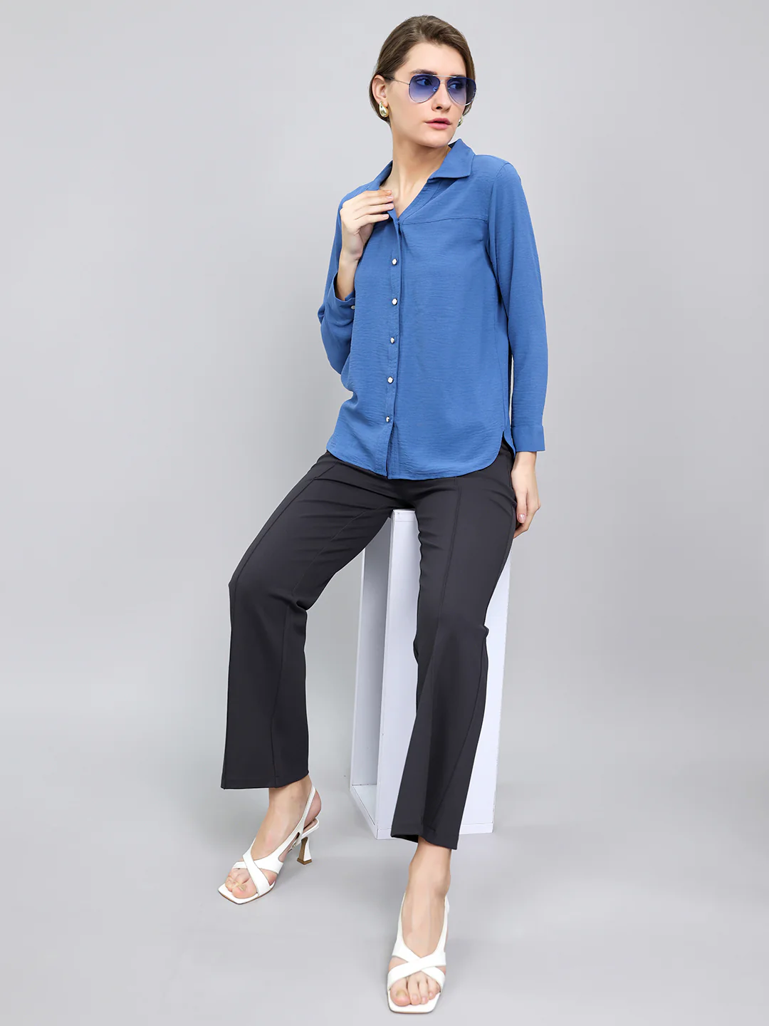 Women Blue Self Design Collar Full Sleeve Top - Image 6