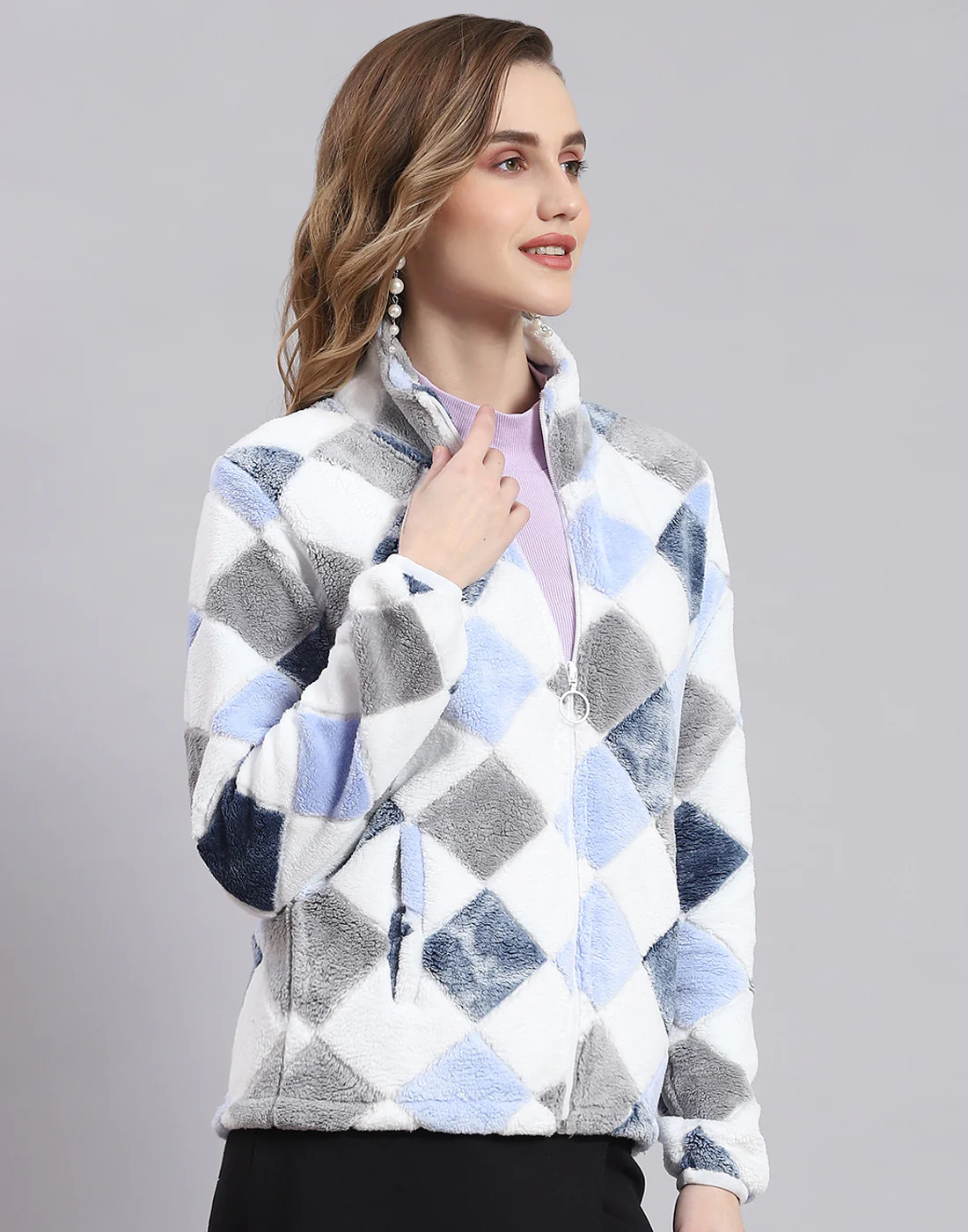 Women Blue Self Design F Neck Full Sleeve Sweatshirt - Image 5