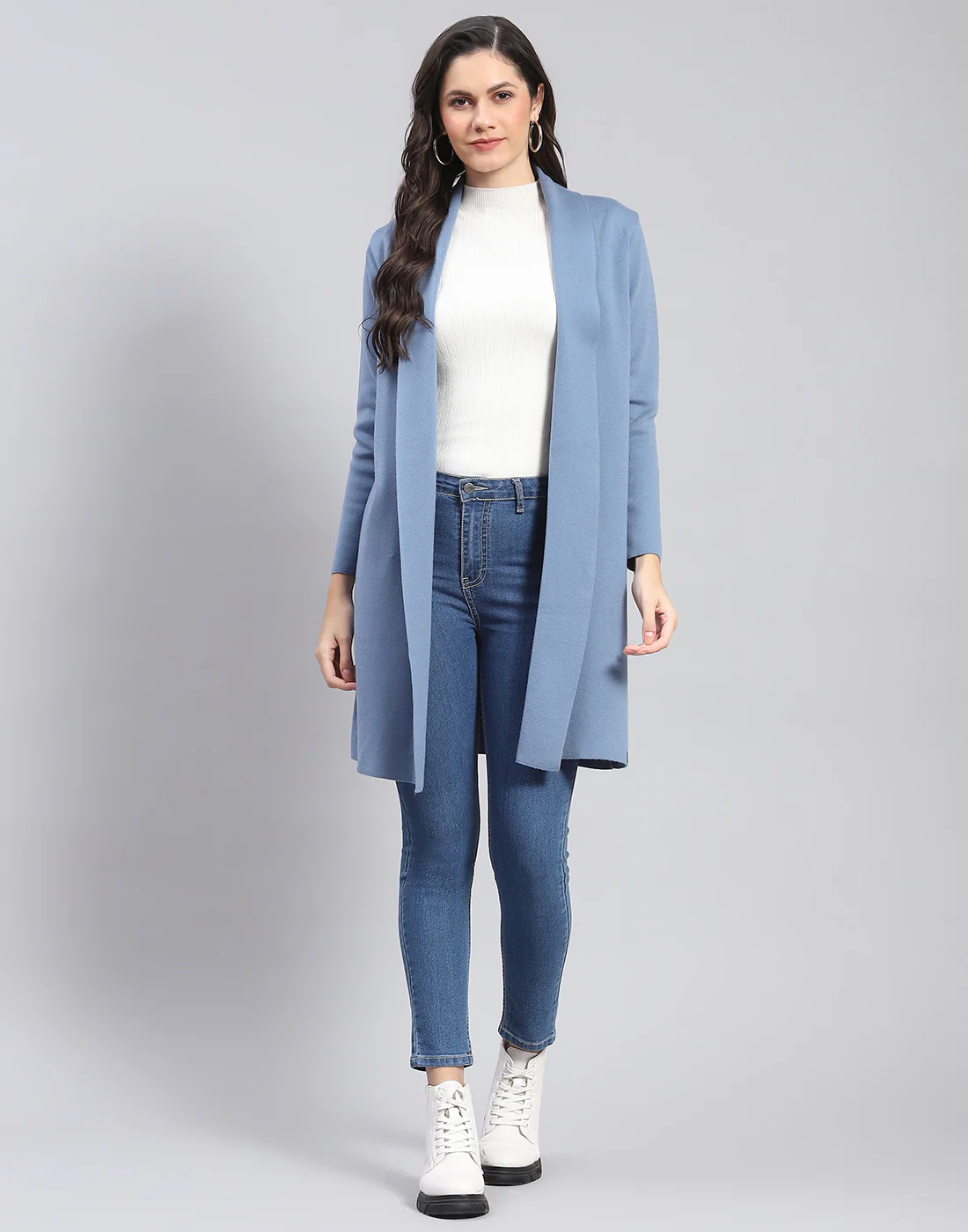 Women Blue Self Design Front Open Full Sleeve Cardigan - Image 2