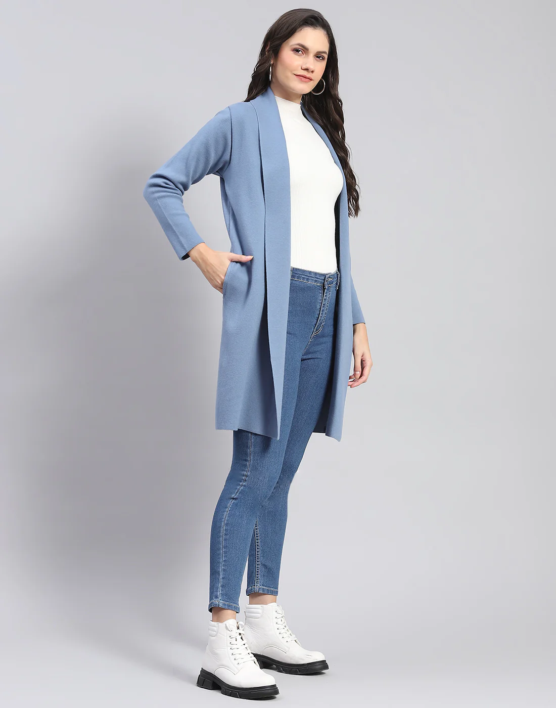 Women Blue Self Design Front Open Full Sleeve Cardigan - Image 4
