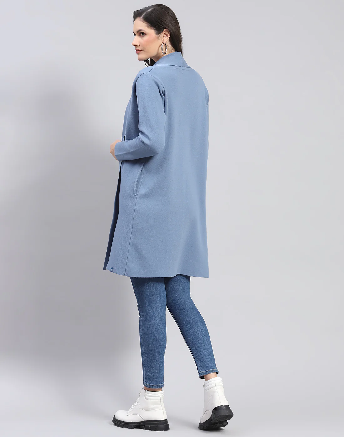Women Blue Self Design Front Open Full Sleeve Cardigan - Image 5