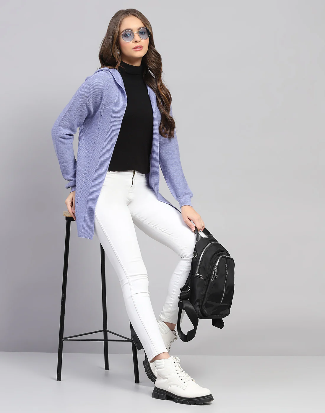 Women Blue Self Design Front Open Full Sleeve Cardigan - Image 2