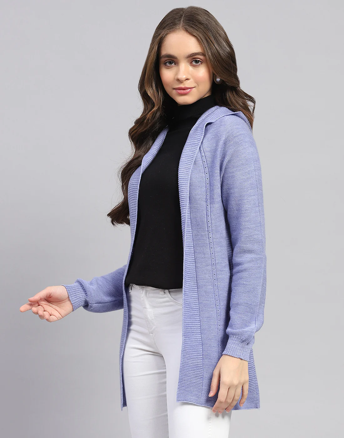 Women Blue Self Design Front Open Full Sleeve Cardigan - Image 3