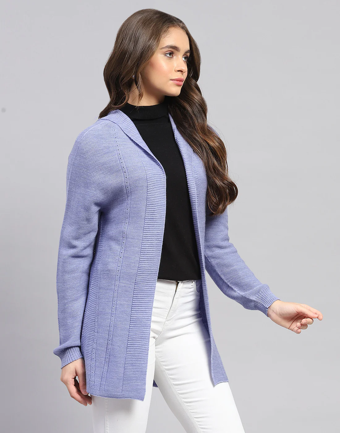 Women Blue Self Design Front Open Full Sleeve Cardigan - Image 4