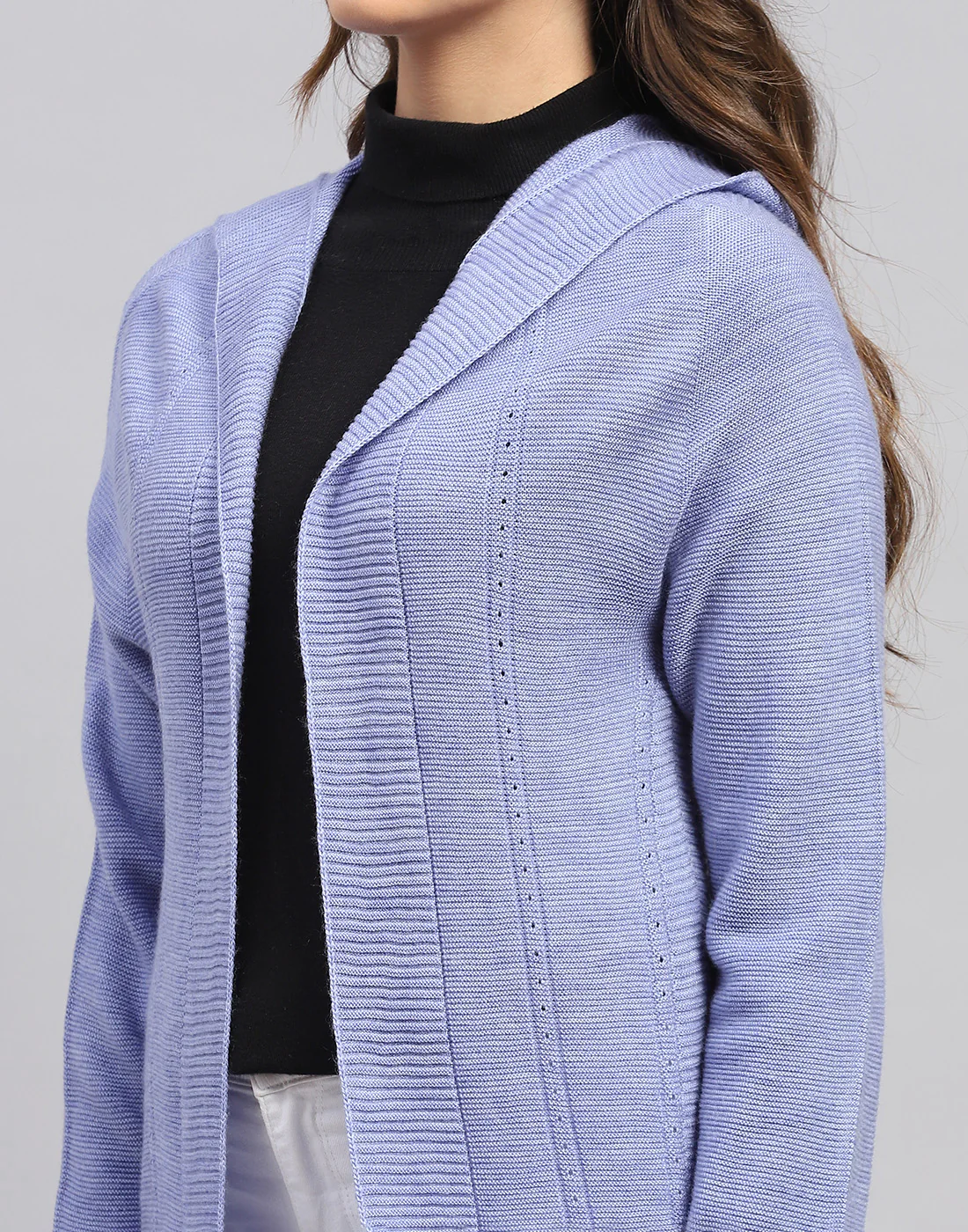 Women Blue Self Design Front Open Full Sleeve Cardigan - Image 7