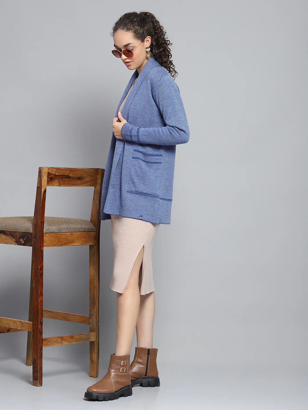 Women Blue Self Design Front Open Full Sleeve Cardigan - Image 2