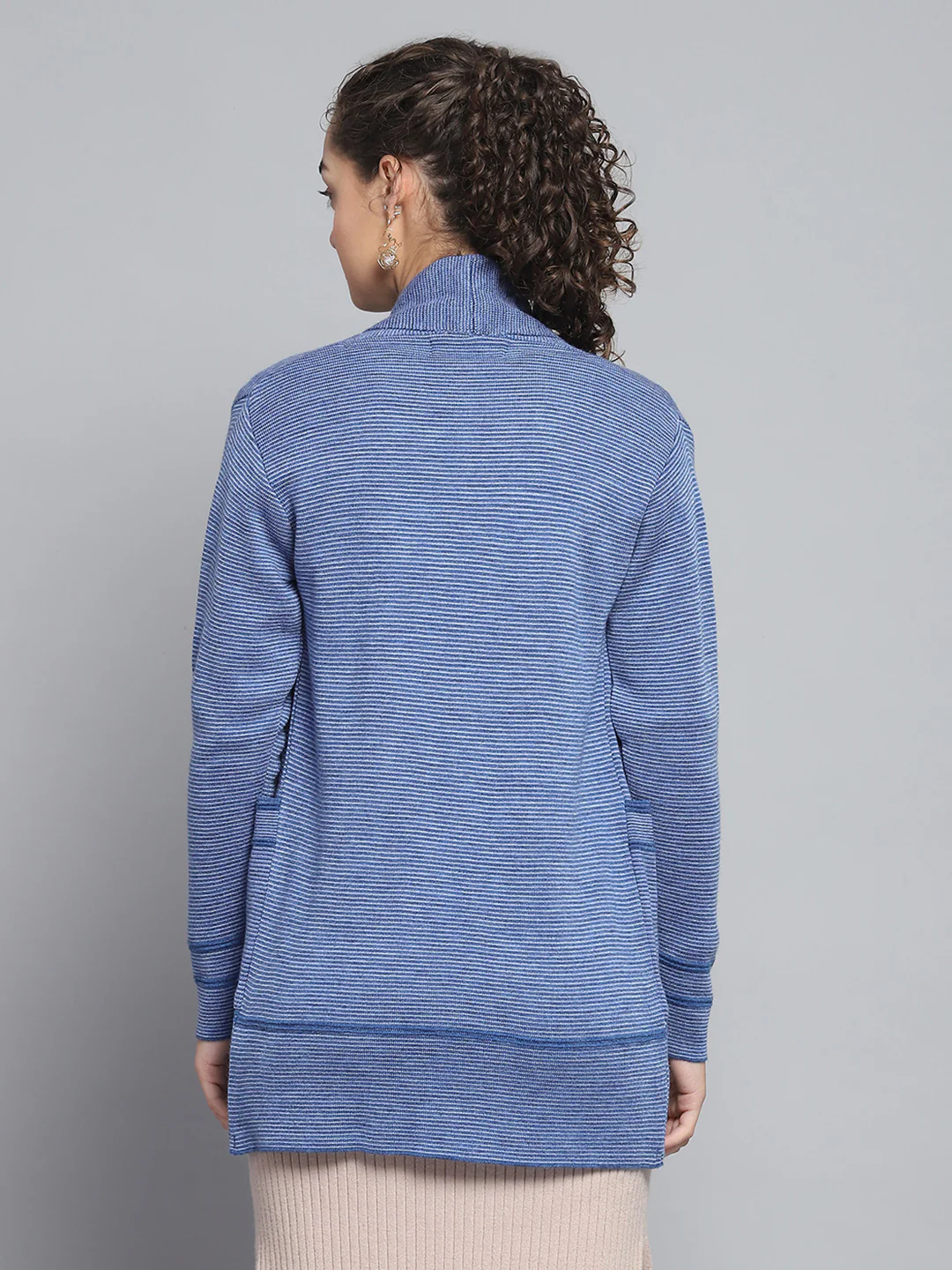 Women Blue Self Design Front Open Full Sleeve Cardigan - Image 5