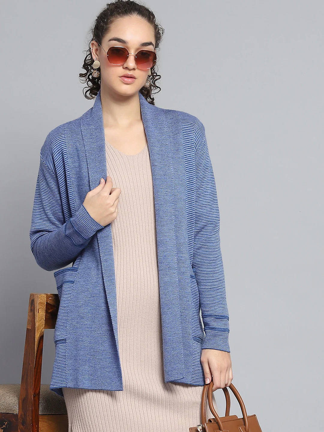 Women Blue Self Design Front Open Full Sleeve Cardigan - Image 6