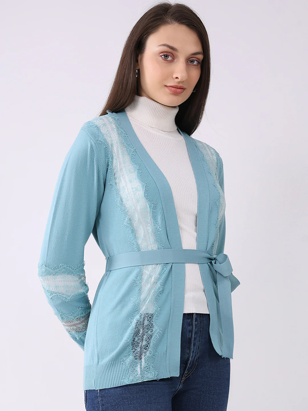 Women Blue Self Design Front Open Full Sleeve Cardigan - Image 4