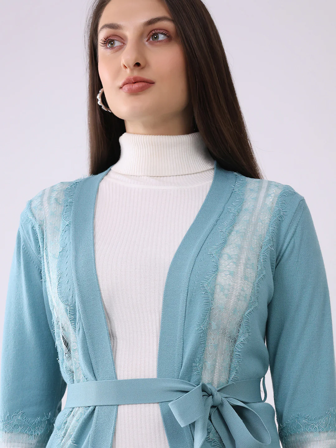 Women Blue Self Design Front Open Full Sleeve Cardigan - Image 6