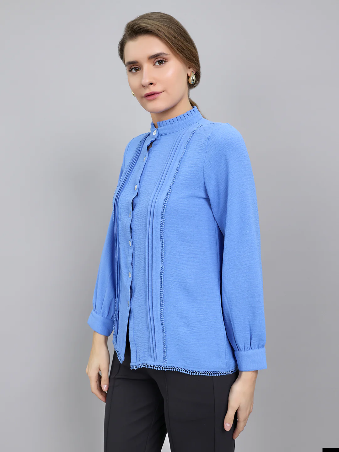 Women Blue Self Design Front Open Full Sleeve Top - Image 2