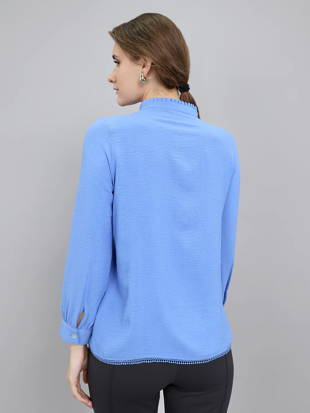 Women Blue Self Design Front Open Full Sleeve Top - Image 4